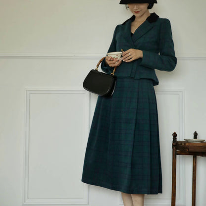 Indigo green plaid retro jacket and tight skirt and flared skirt