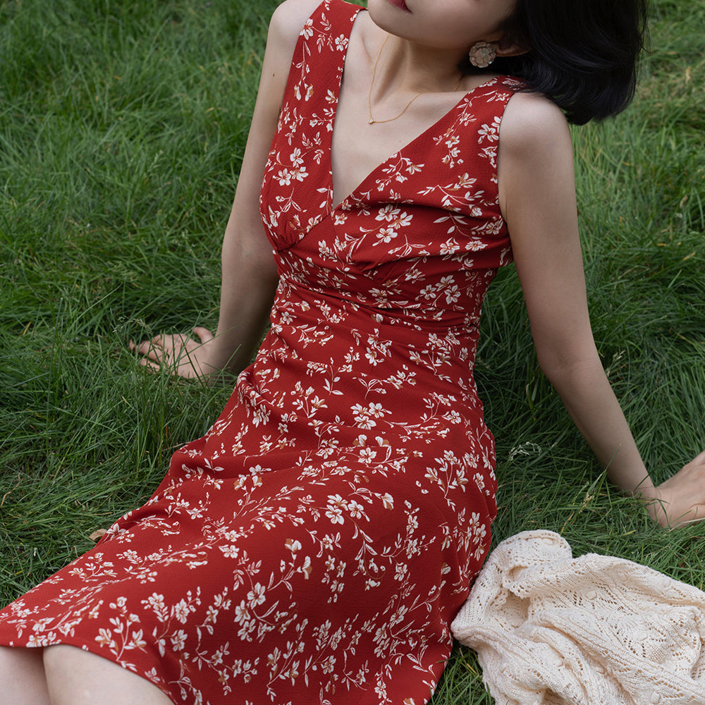 Crimson flower retro V-neck sleeveless dress