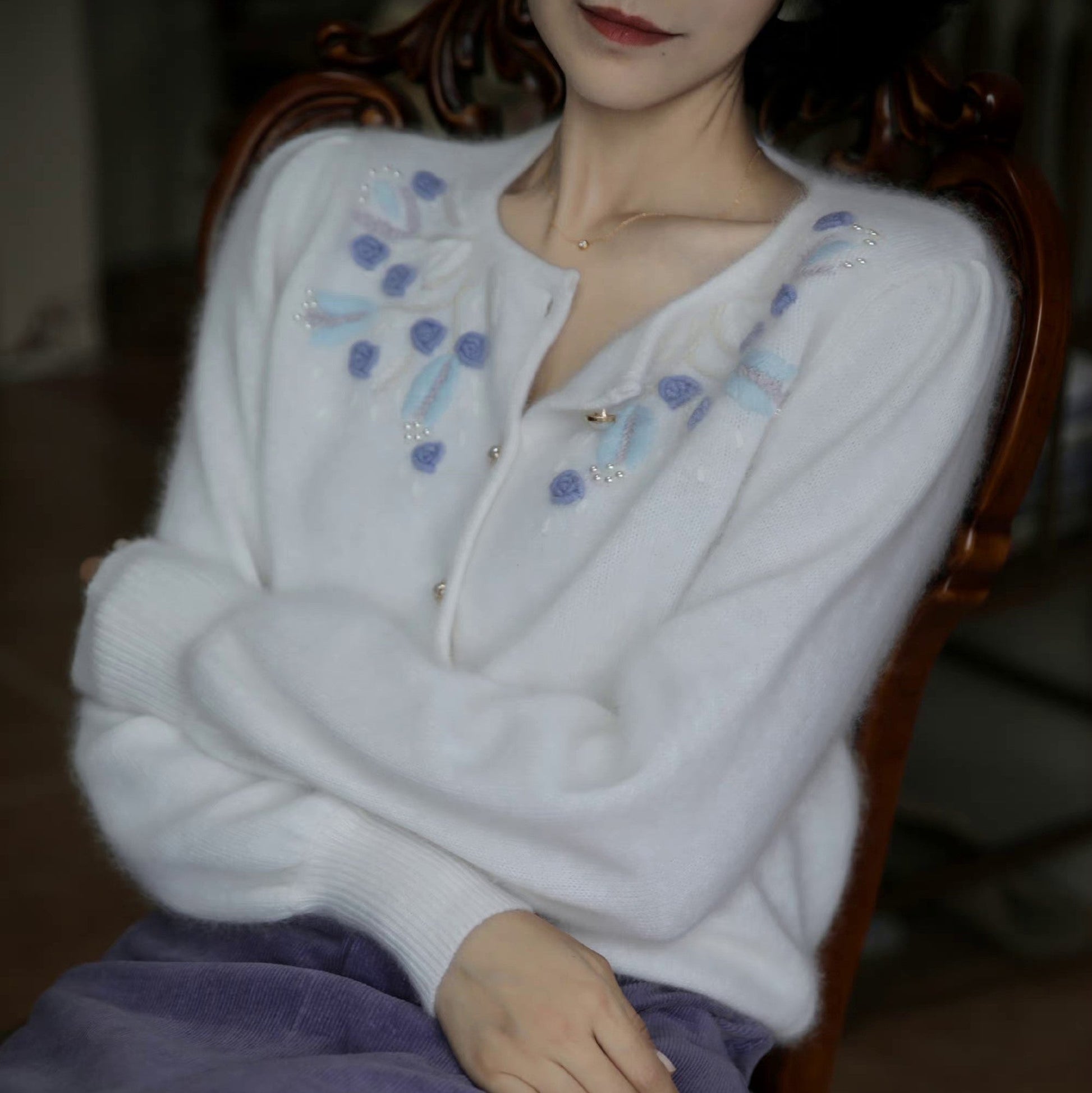 blue flower embroidery knit cardigan