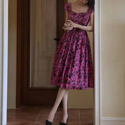 Red bellflower rose pattern Hepburn dress