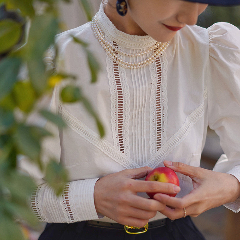 Pure white embroidery high neck blouse