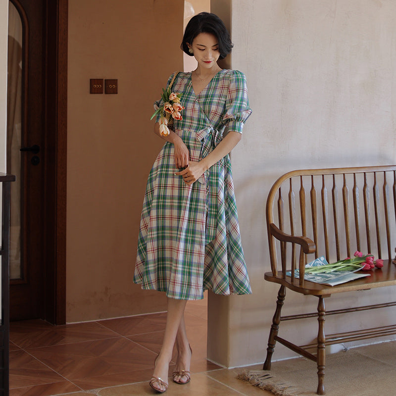 Green red plaid retro dress