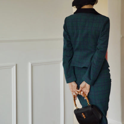 Indigo green plaid retro jacket and tight skirt and flared skirt