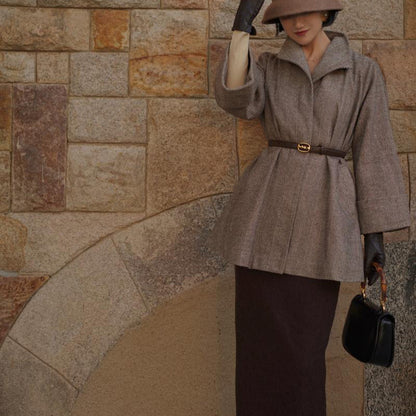 Gray brown lady herringbone wool coat