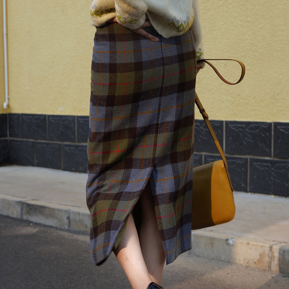 Ink green plaid wool tight skirt