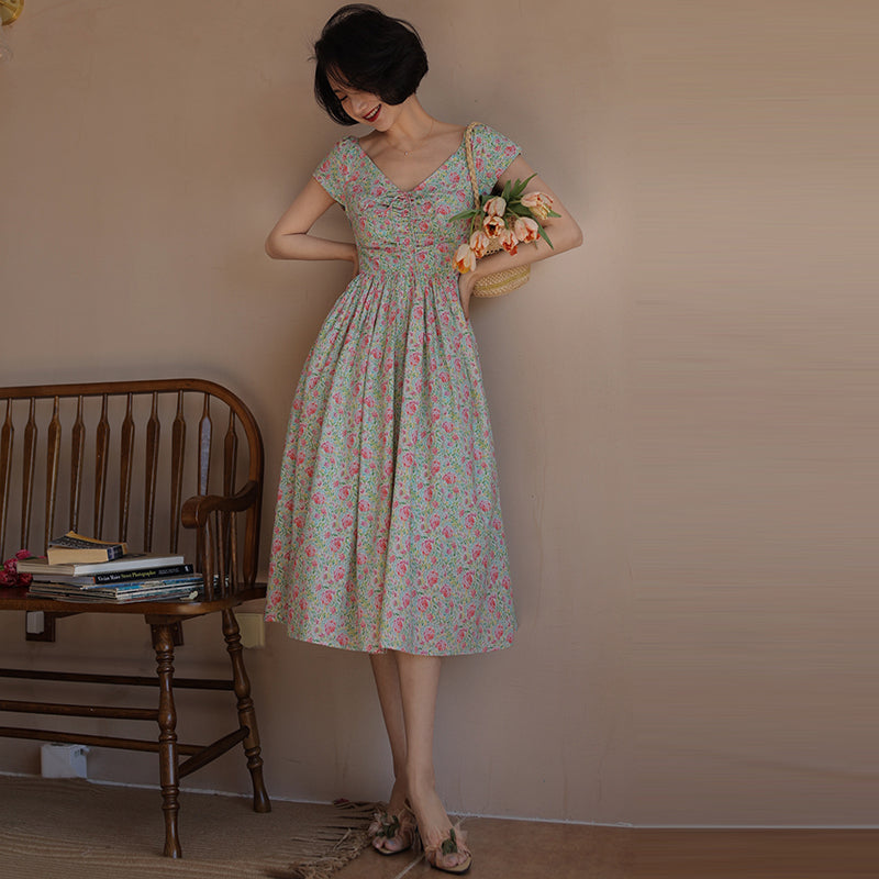 Peach green flower crowd retro dress