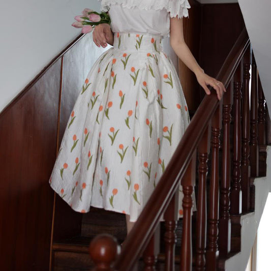 Orange floral high waist skirt