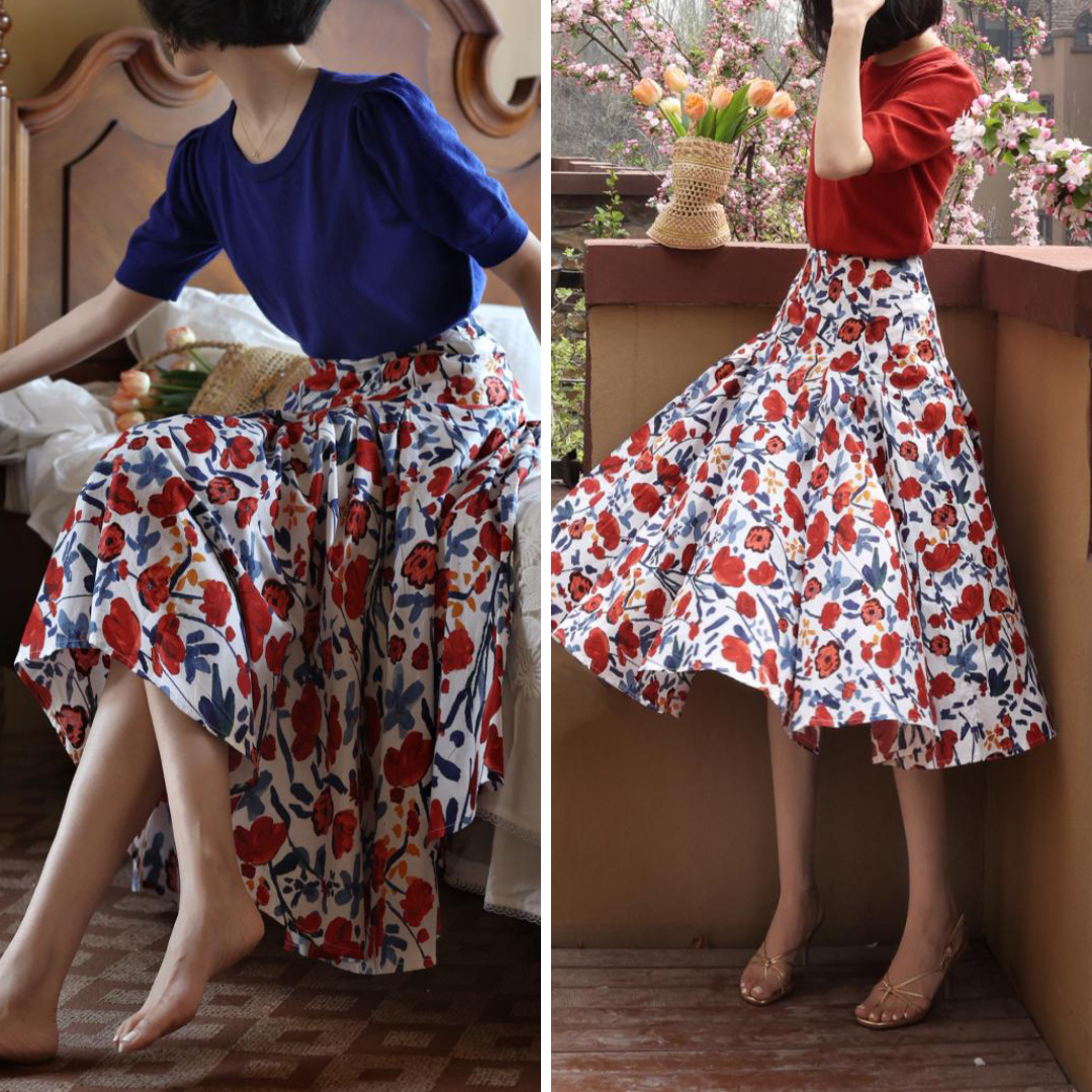 oil painting flower pattern hepburn skirt