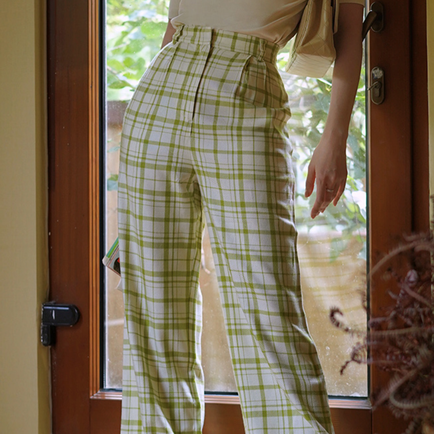 Yellow-green plaid wide-leg pants