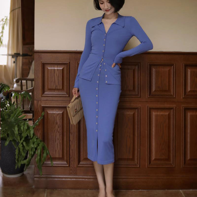 Blue-purple Lady Slim Knit Cardigan and Slim Knit Skirt