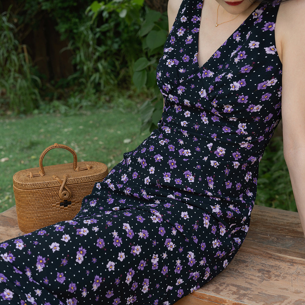 Violet pattern retro sleeveless dress