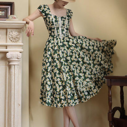 Dark Green Flower Crowd Hepburn Dress