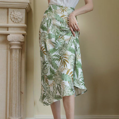 Jungle Leaf Shade Pattern Slim Skirt