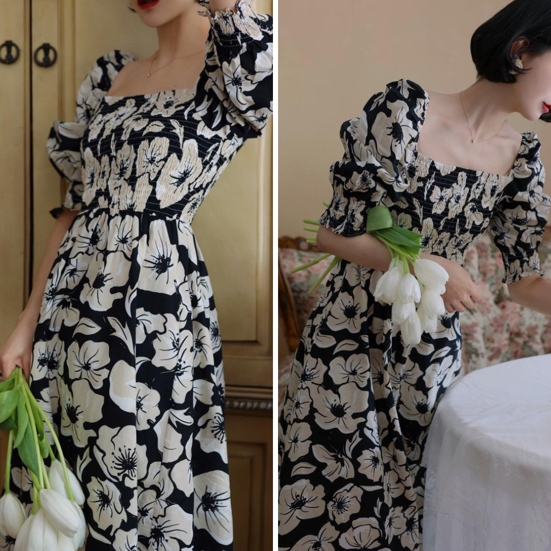 Jet black flower retro dress