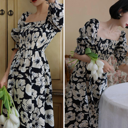 Jet black flower retro dress