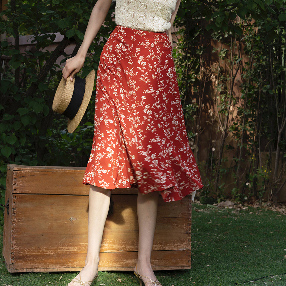 crimson flower retro middle skirt