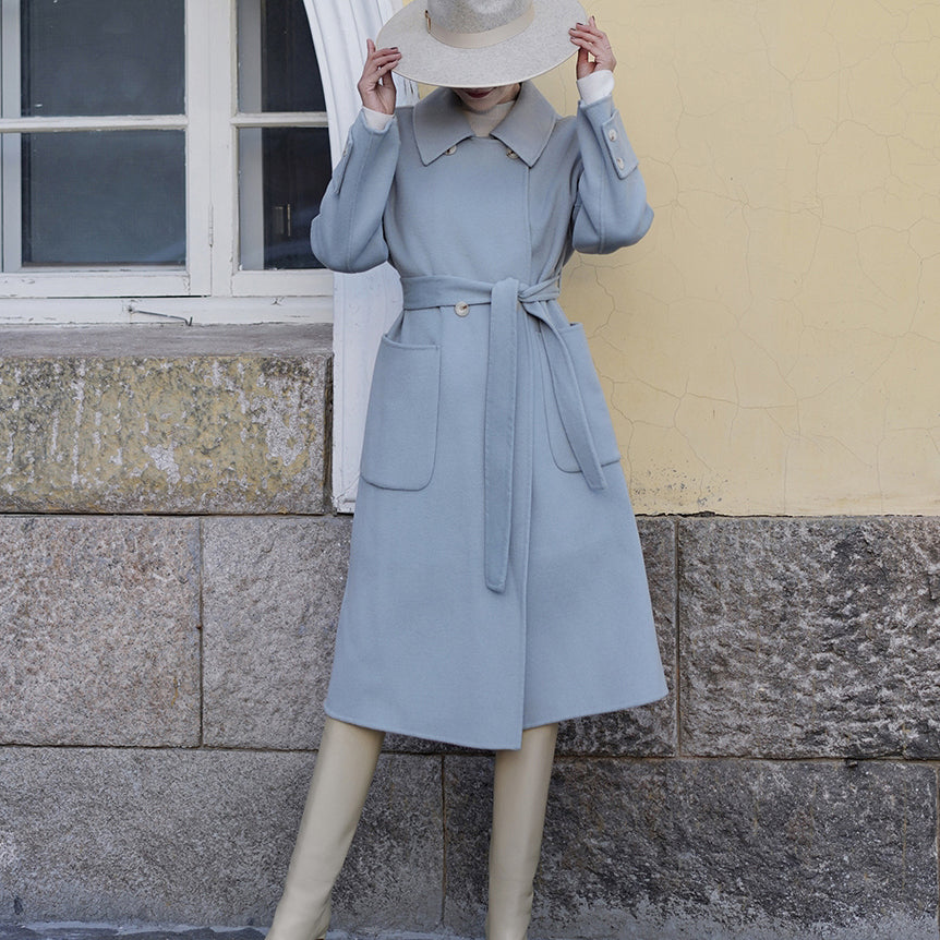 Sky blue classical belt wool coat