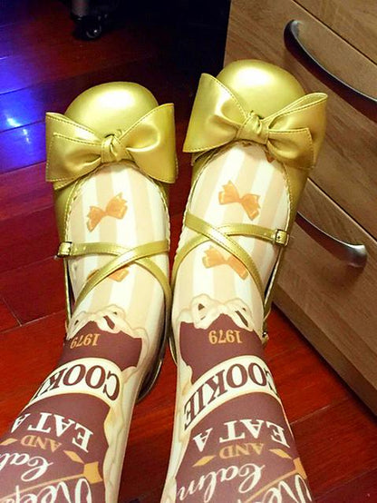 Sosic - Bow and Low Heel Cross Band Lolita Leather Shoes
