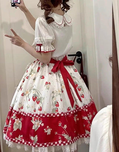 Piggy Bun - Sweet Lolita Shirt Strawberry Embroidery Ivory Blouse