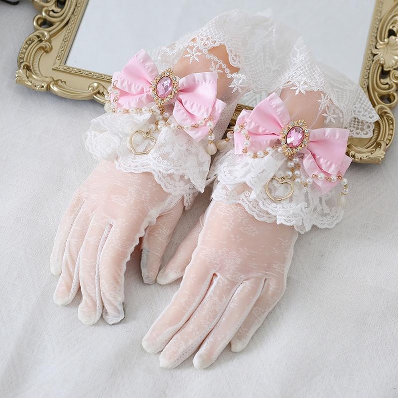 Xiaogui - Vintage Lolita Gloves Lace Bow Bead Chain Sunscreen Gloves