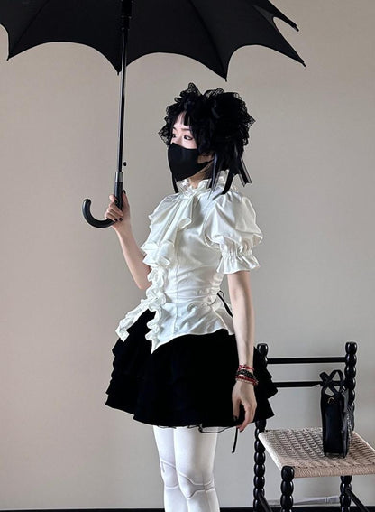 FlowerFairyDaily - Trace Night - Gothic Lolita Short-sleeved Shirt with Adjustable Waist
