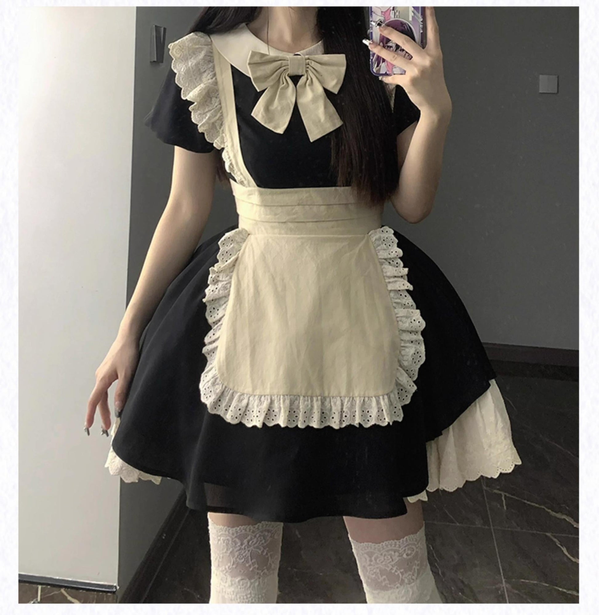 With PUJI - Kiss Kiss - Vintage Lolita OP Dress Maid Lolita Apron Dress