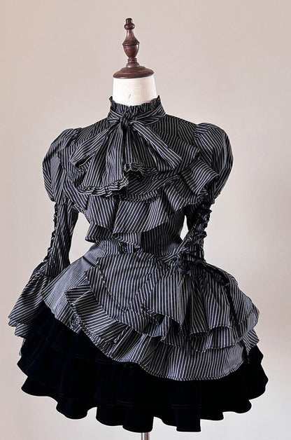 FlowerFairyDaily - Gothic Lolita Striped Shirt With Alternative NeckTie/Jabot