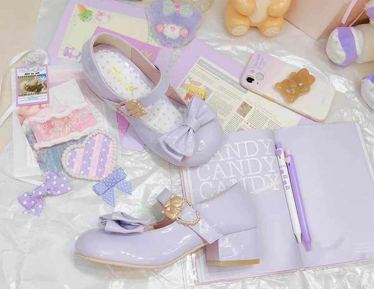 Sheep Puff - Hug Bear - Sweet Lolita Heel Shoes Bear Metal Buckle Bow Shoes