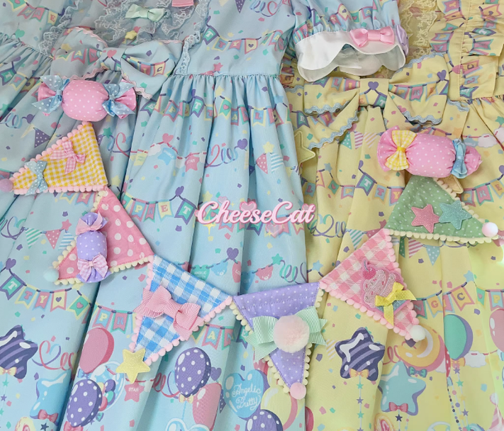 Cheese Cat - Sweet Lolita Plaid Candy Bow Flags Brooch
