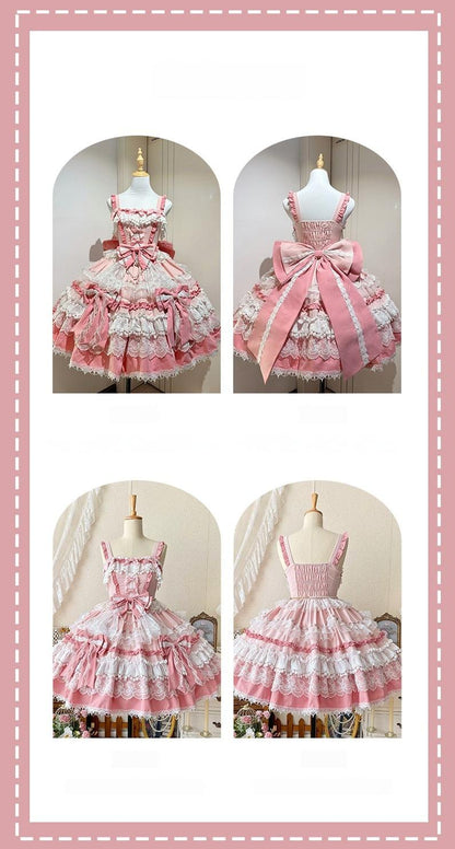 Qianmu - Girl's Secret - Pink Sweet Lolita JSK Dress with Lace and Bow Trailing