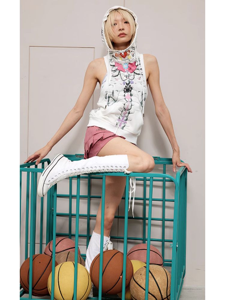 Bow skull print hooded vest【s0000002751】