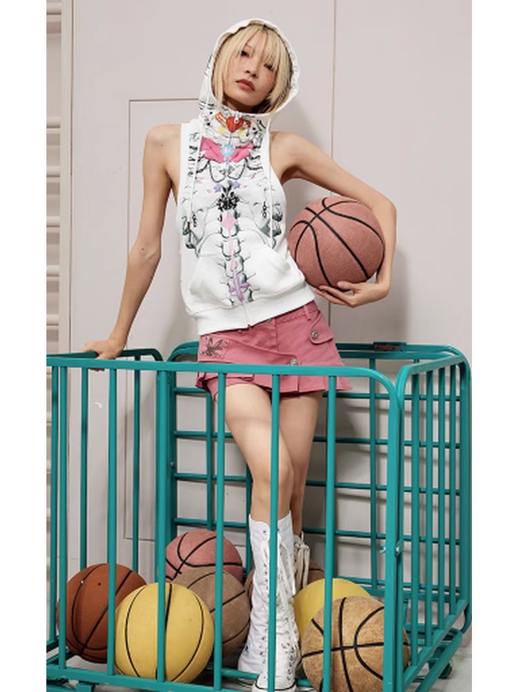 Bow skull print hooded vest【s0000002751】