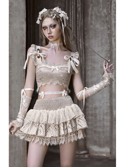 Ultra-short Lace Bow Tie Vest【s0000002693】