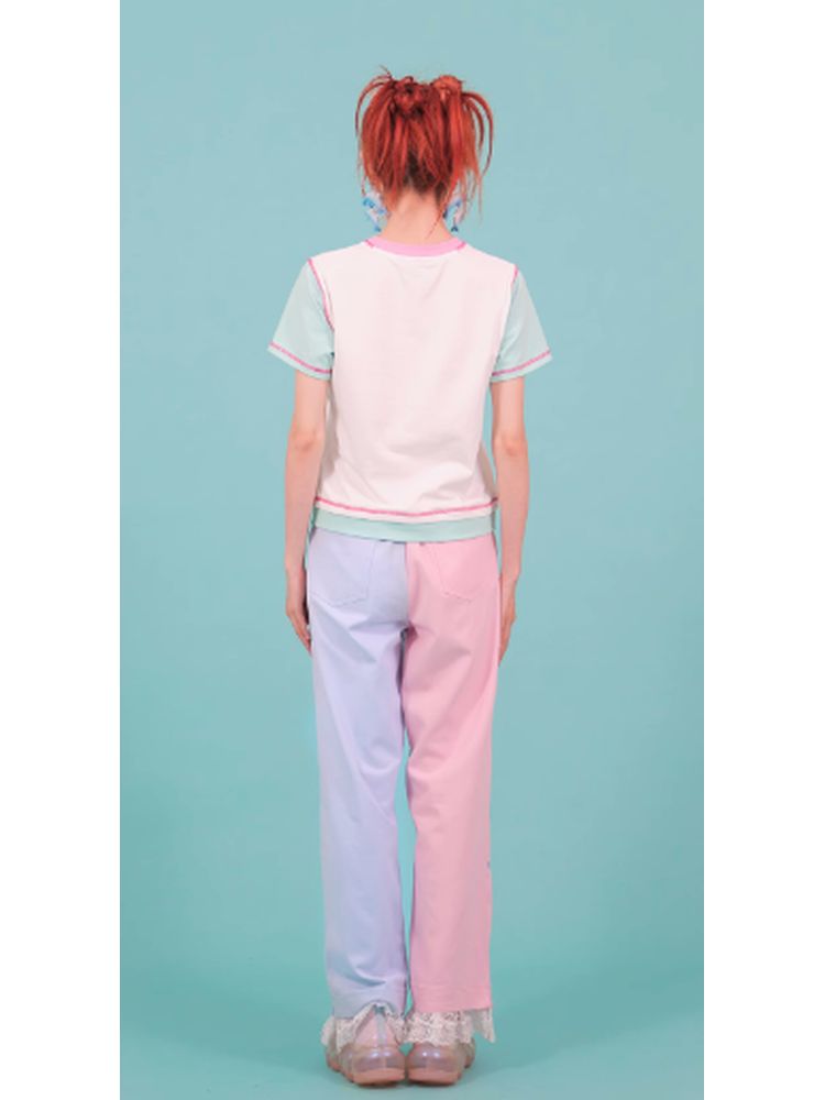 Girl pink blue contrast color loose pants【s0000002764】