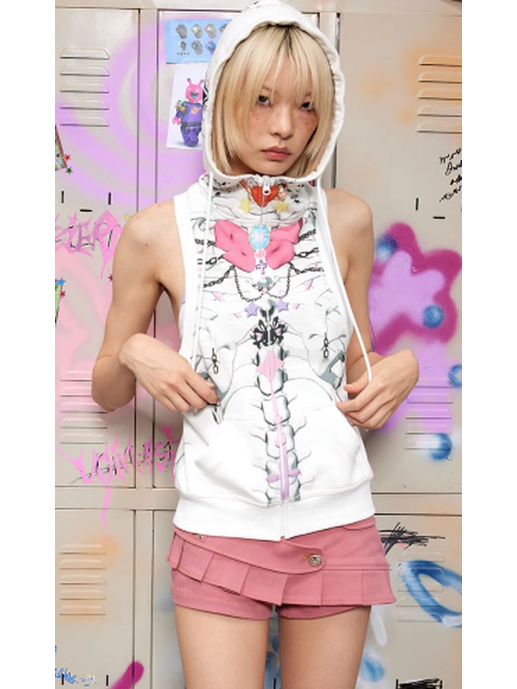 Bow skull print hooded vest【s0000002751】