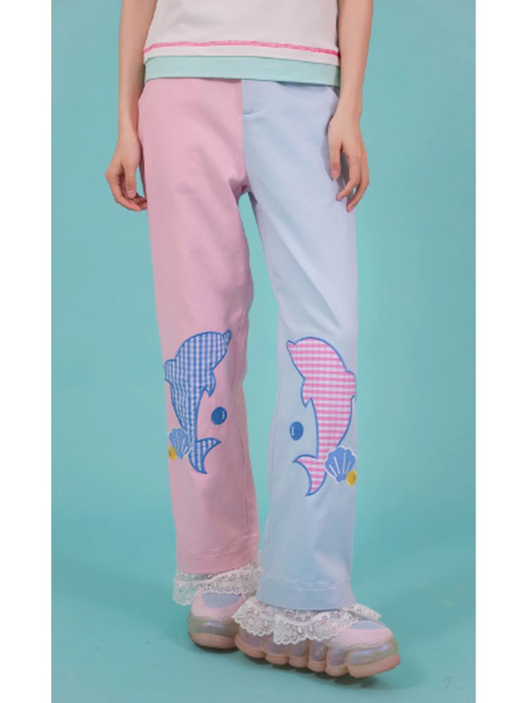 Girl pink blue contrast color loose pants【s0000002764】