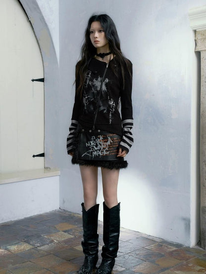 Black leather spelling wool package hip dress pants【s0000004515】