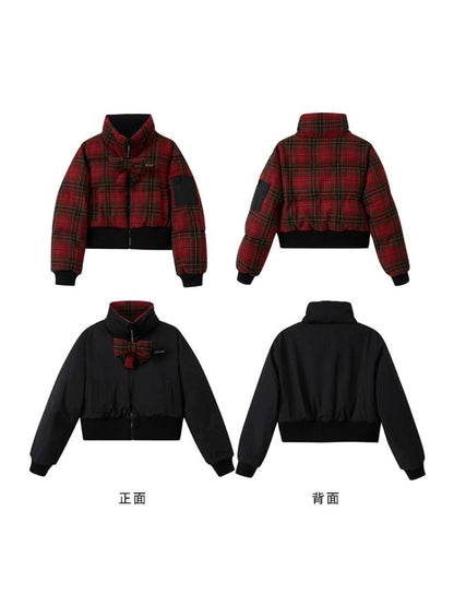 Red plaid two sides wear short cotton jacket 【s0000005633】