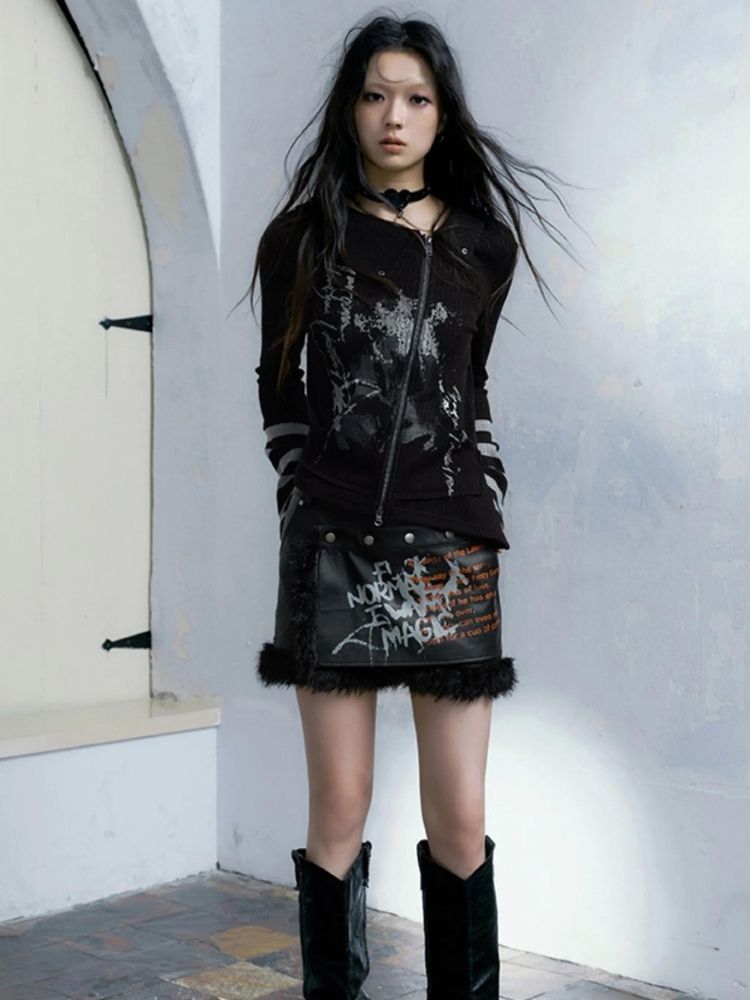 Black leather spelling wool package hip dress pants【s0000004515】