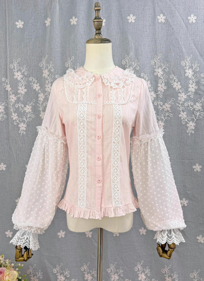 DMFS Lolita - Spiral Candy - Sweet Lolita Long Sleeve Cotton Shirt, Lace Accents