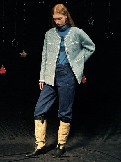 Herringbone pattern wool tweed jacket【s0000005949】