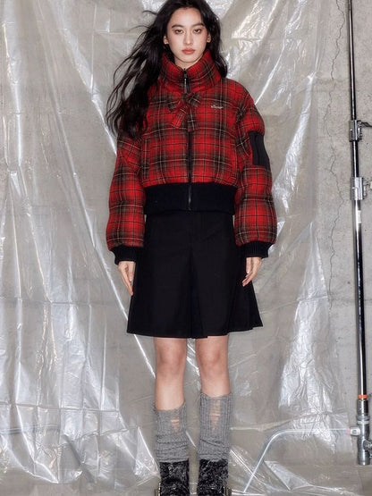 Red plaid two sides wear short cotton jacket 【s0000005633】