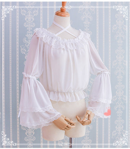 Eieyomi - Kawaii Lolita Blouse Long Sleeve Halter Neckline Chiffon Blouse