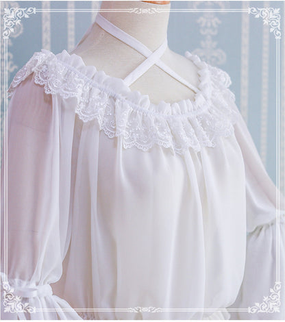Eieyomi - Kawaii Lolita Blouse Long Sleeve Halter Neckline Chiffon Blouse