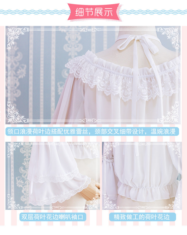 Eieyomi - Kawaii Lolita Blouse Long Sleeve Halter Neckline Chiffon Blouse