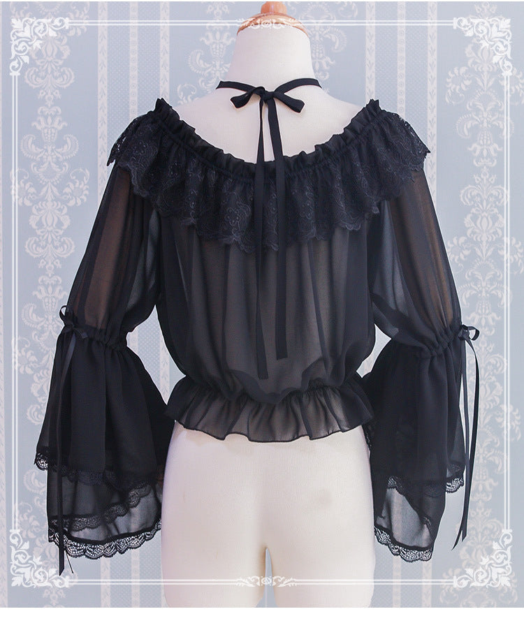 Eieyomi - Kawaii Lolita Blouse Long Sleeve Halter Neckline Chiffon Blouse
