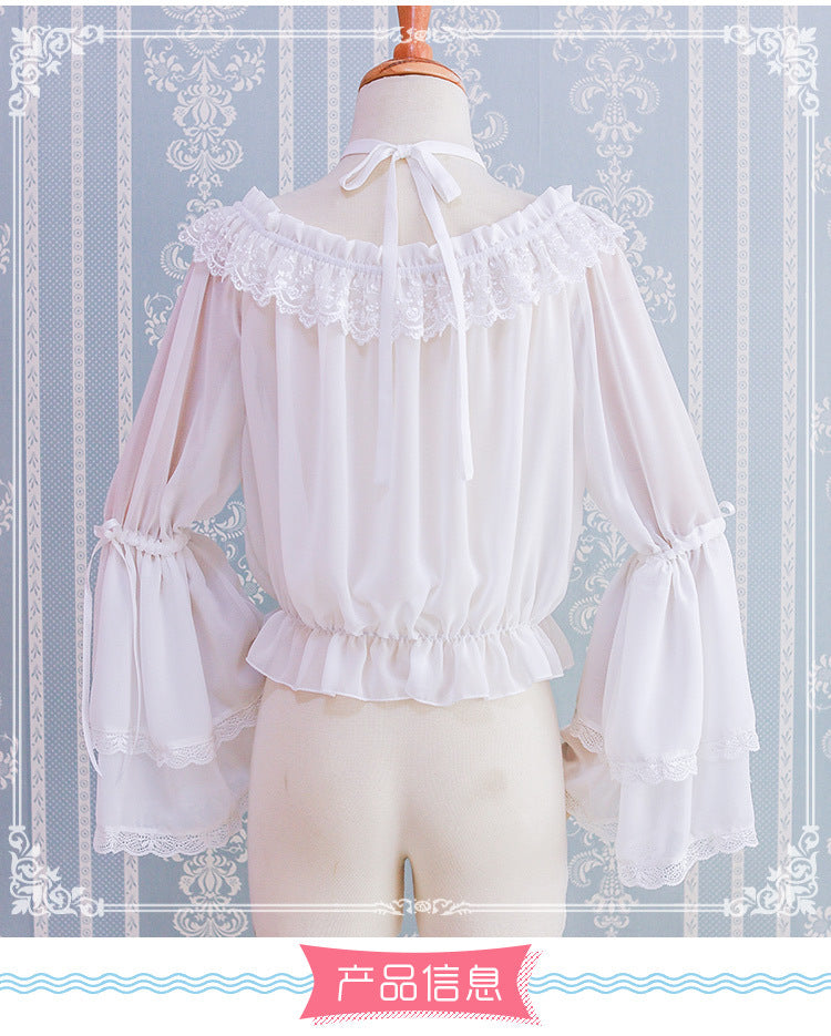 Eieyomi - Kawaii Lolita Blouse Long Sleeve Halter Neckline Chiffon Blouse