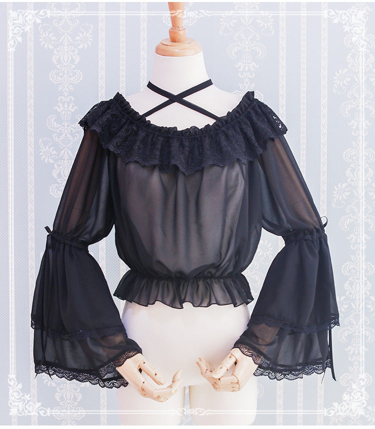 Eieyomi - Kawaii Lolita Blouse Long Sleeve Halter Neckline Chiffon Blouse