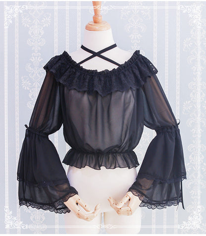 Eieyomi - Kawaii Lolita Blouse Long Sleeve Halter Neckline Chiffon Blouse