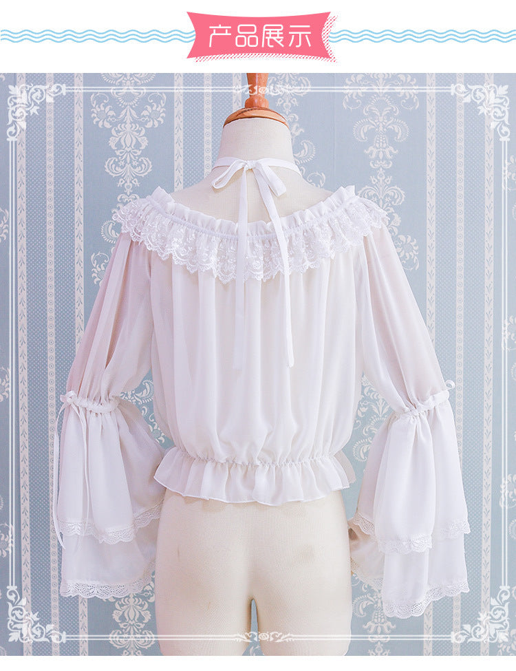 Eieyomi - Kawaii Lolita Blouse Long Sleeve Halter Neckline Chiffon Blouse